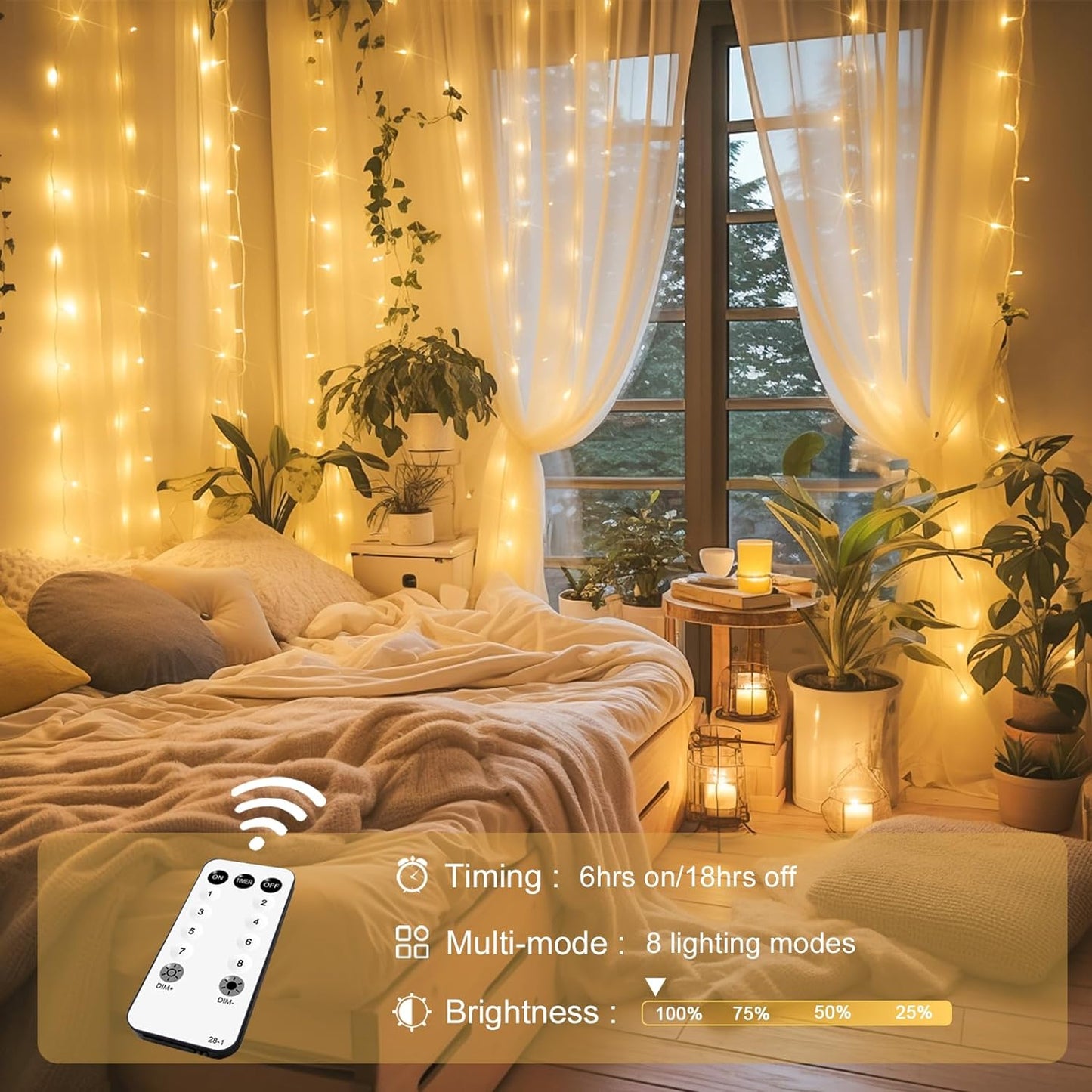 300 LED Remote Curtain Lights Outdoor, Hanging String Lights Party Christmas Patio Dorm Decor, Warm White