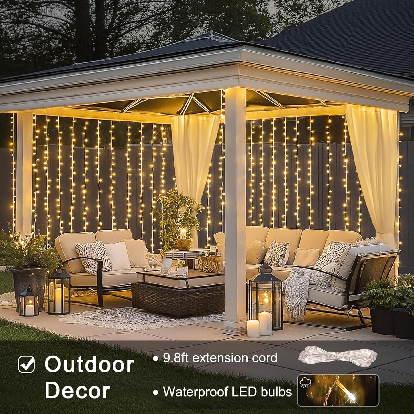 300 LED Remote Curtain Lights Outdoor, Hanging String Lights Party Christmas Patio Dorm Decor, Warm White