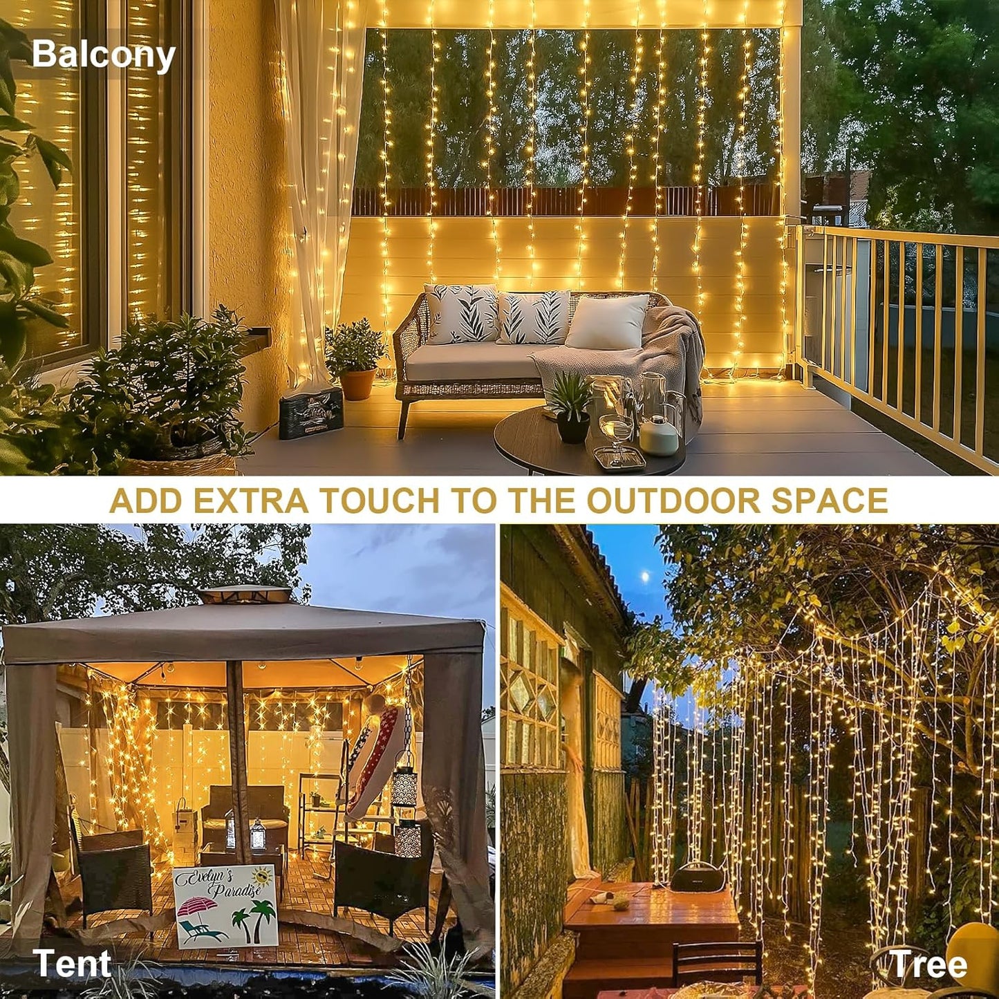 300 LED Remote Curtain Lights Outdoor, Hanging String Lights Party Christmas Patio Dorm Decor, Warm White