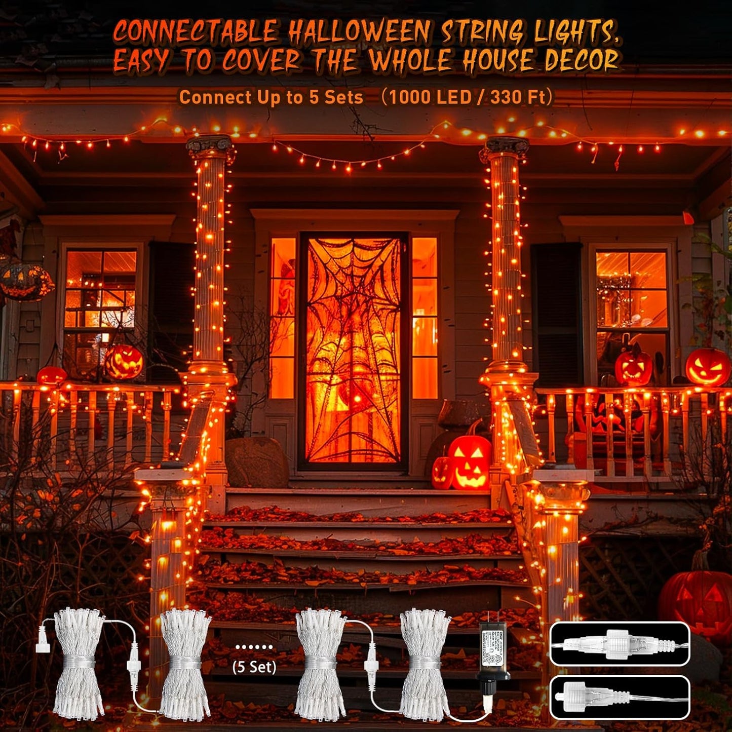 66ft 200 LED Halloween Lights, Connectable Orange String Lights Clear Wire, Fall Light Plug Thanksgiving Fall Halloween Decor
