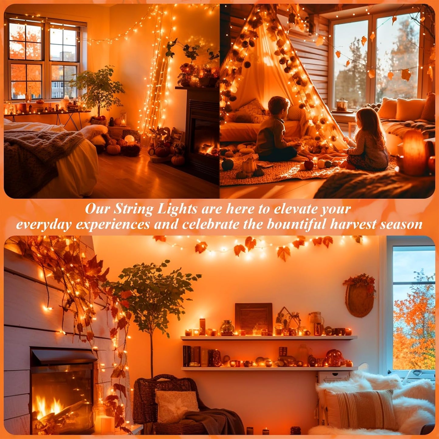 66ft 200 LED Halloween Lights, Connectable Orange String Lights Clear Wire, Fall Light Plug Thanksgiving Fall Halloween Decor