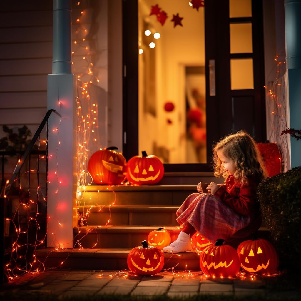 66ft 200 LED Halloween Lights, Connectable Orange String Lights Clear Wire, Fall Light Plug Thanksgiving Fall Halloween Decor