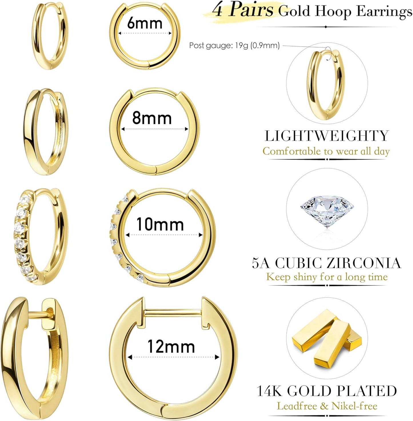 Earrings Set for Women Men Hypoallergenic 14K Gold Plated Stack Cartilage Earrings Jewelry Set Gifts