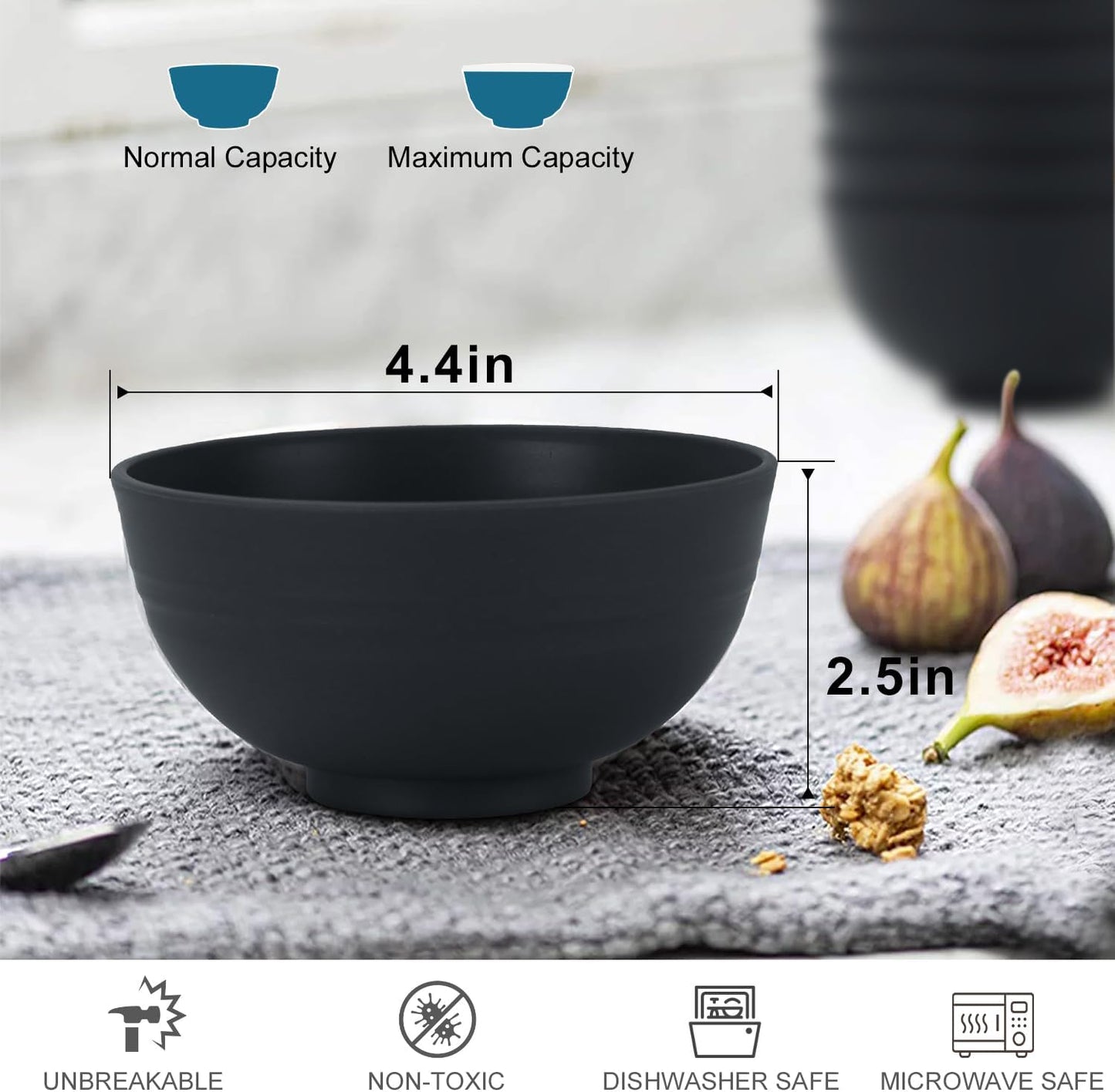 10oz set of 8 Unbreakable Dessert Bowls - Microwave & Dishwasher Safe Appetizer Bowl Sets - Black