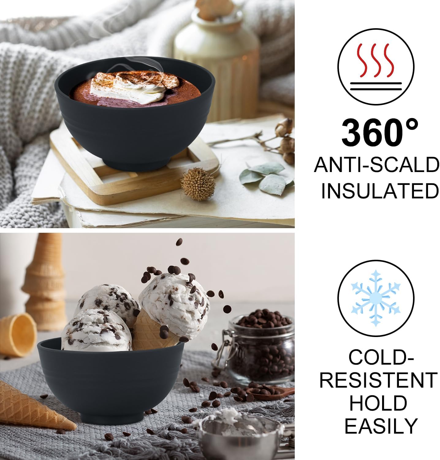 10oz set of 8 Unbreakable Dessert Bowls - Microwave & Dishwasher Safe Appetizer Bowl Sets - Black