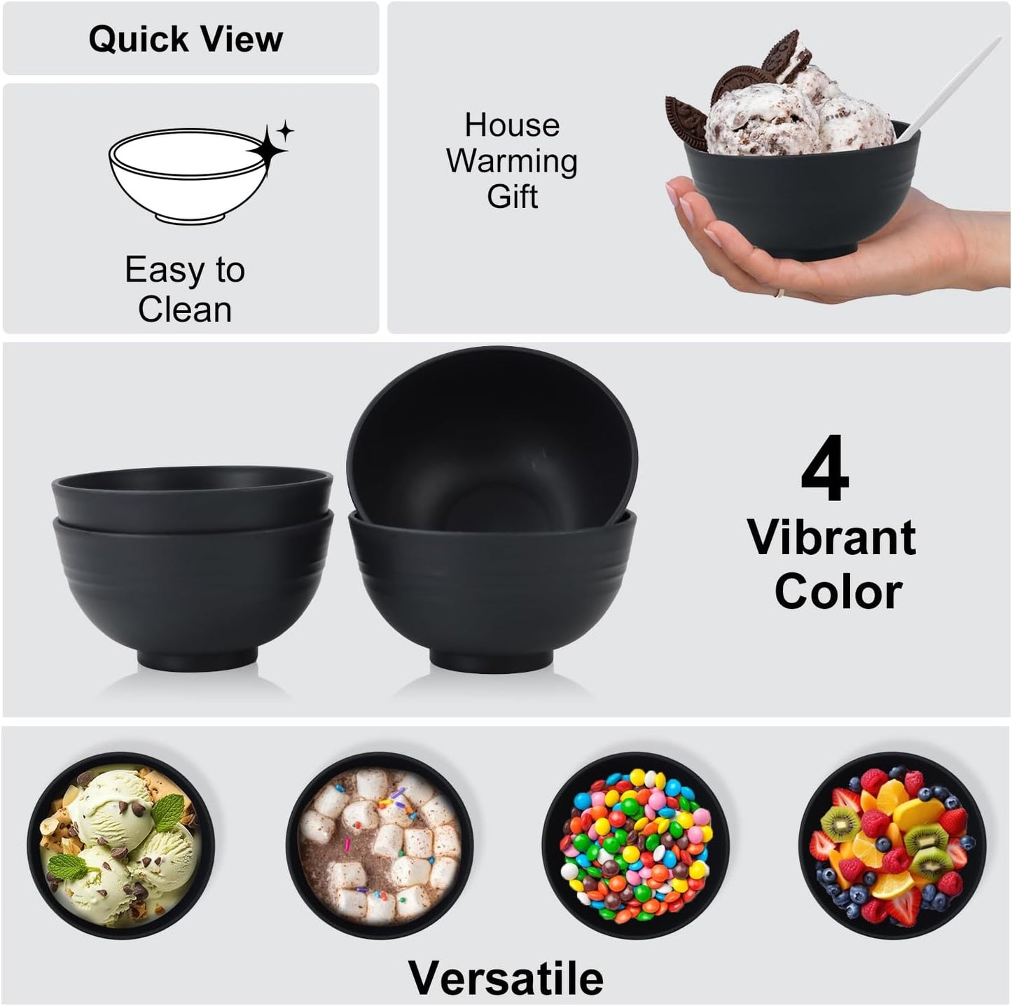 10oz set of 8 Unbreakable Dessert Bowls - Microwave & Dishwasher Safe Appetizer Bowl Sets - Black