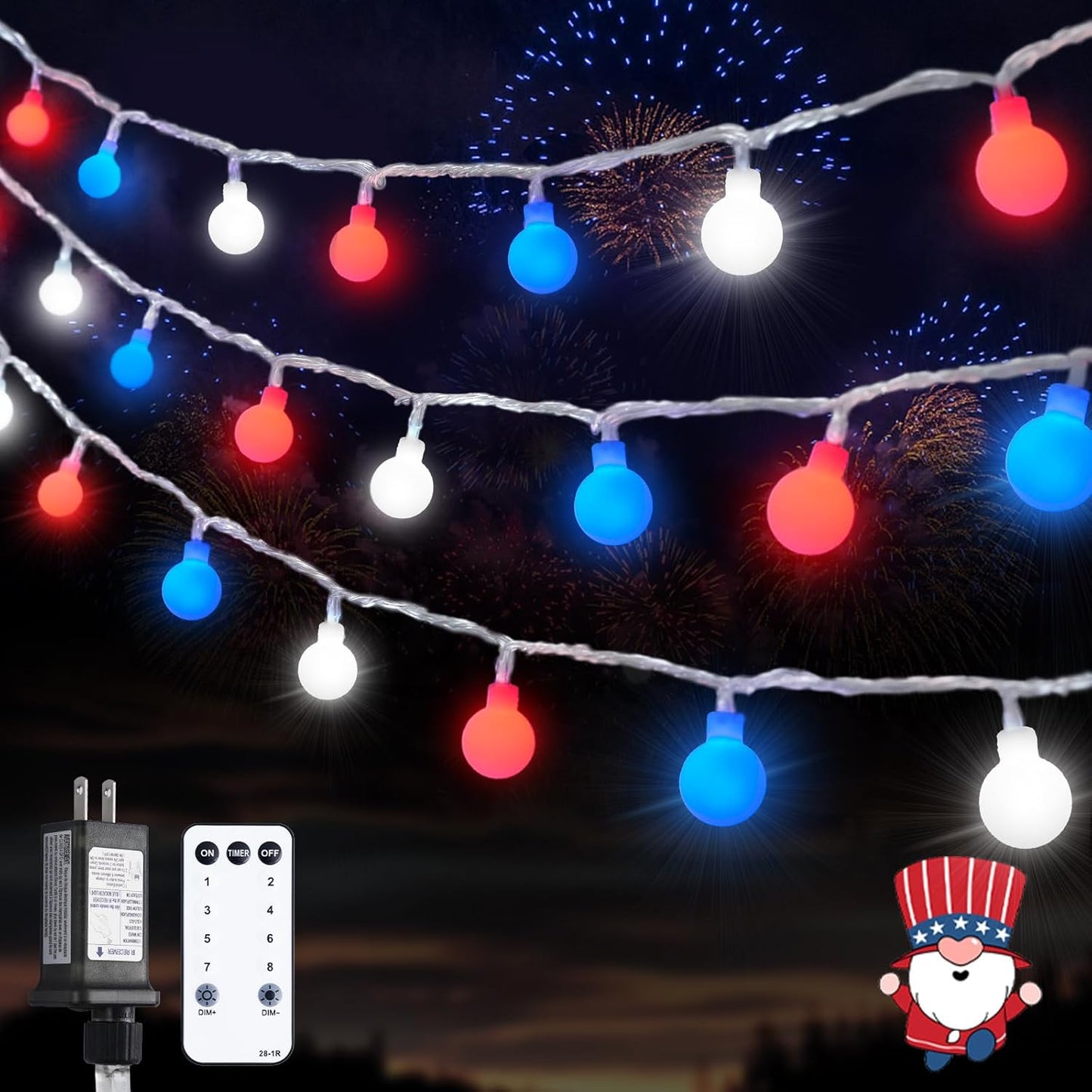 Red White and Blue Lights, 100 LED 33ft - 8 Modes Globe String Lights Party Decor