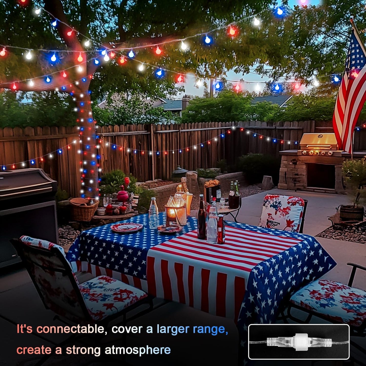 Red White and Blue Lights, 100 LED 33ft - 8 Modes Globe String Lights Party Decor