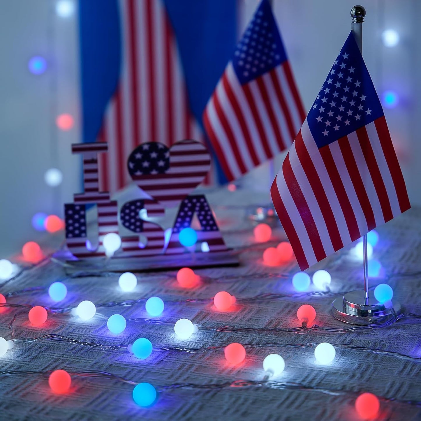 Red White and Blue Lights, 100 LED 33ft - 8 Modes Globe String Lights Party Decor