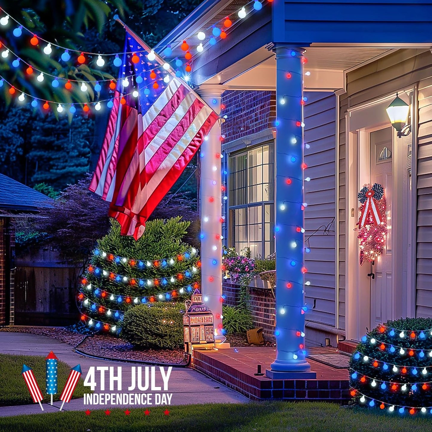Red White and Blue Lights, 100 LED 33ft - 8 Modes Globe String Lights Party Decor