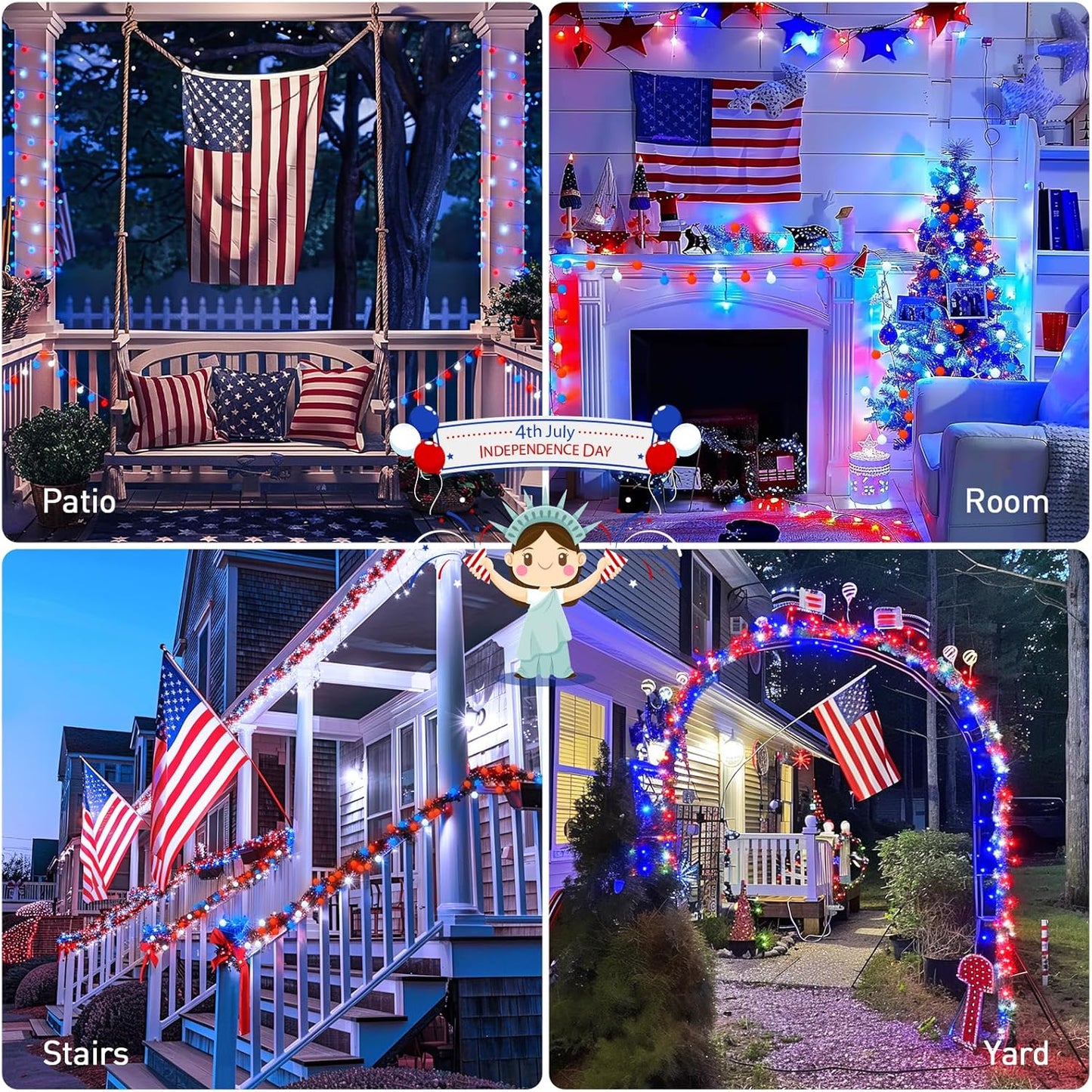 Red White and Blue Lights, 100 LED 33ft - 8 Modes Globe String Lights Party Decor