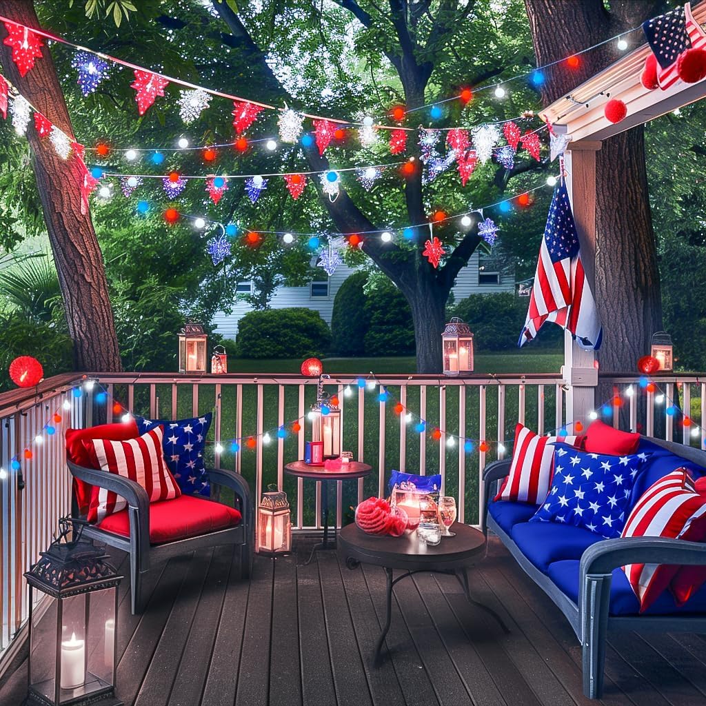 Red White and Blue Lights, 100 LED 33ft - 8 Modes Globe String Lights Party Decor