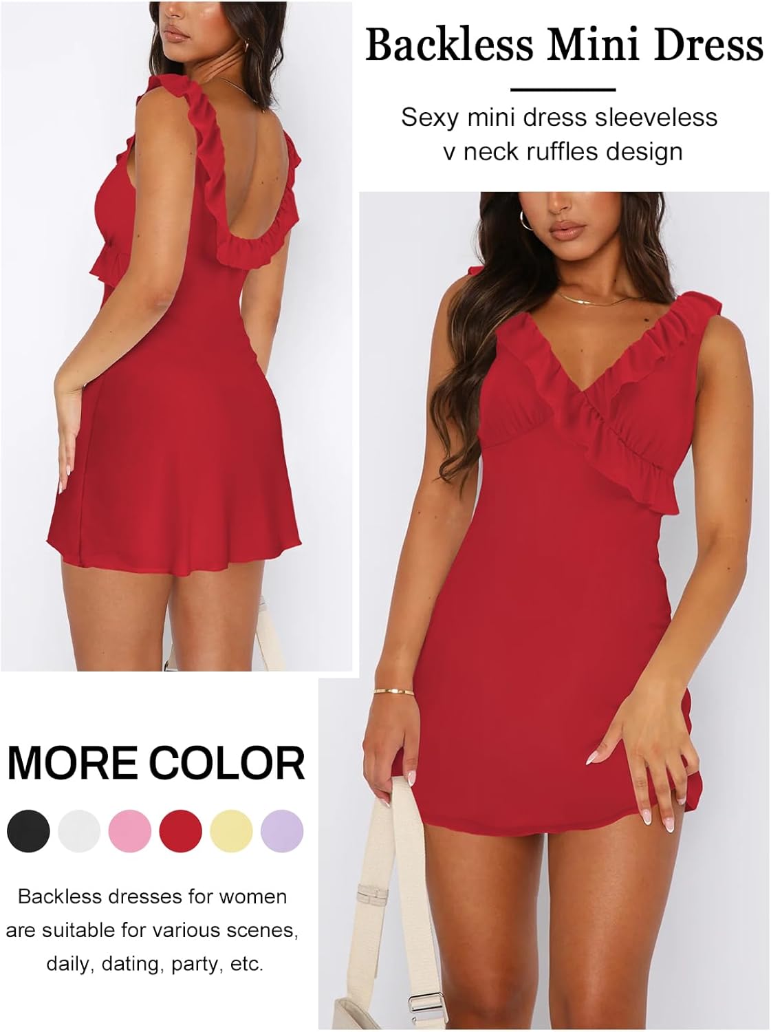 Women's Sexy V Neck Sleeveless Backless Ruffles Dress