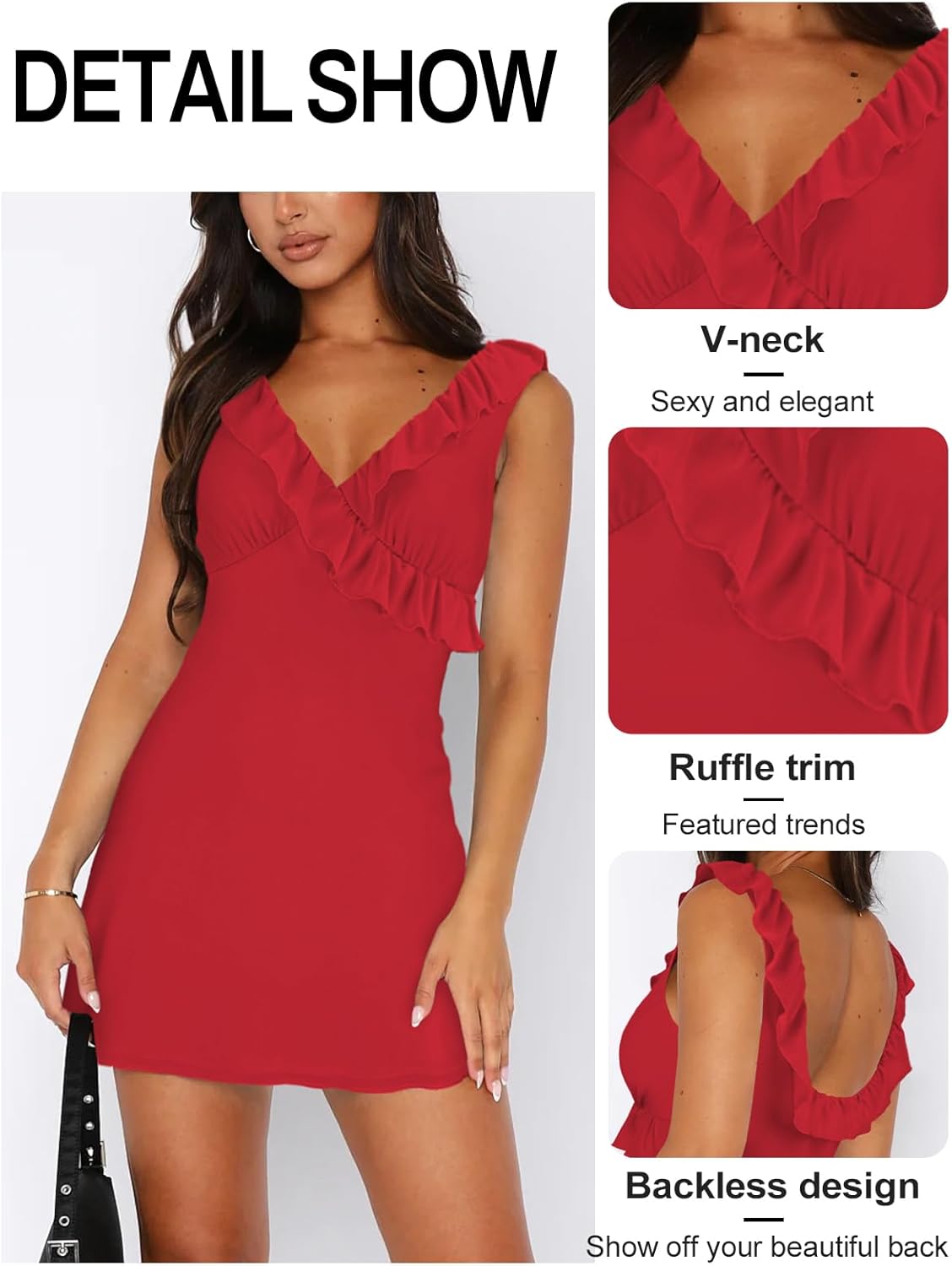 Women's Sexy V Neck Sleeveless Backless Ruffles Dress