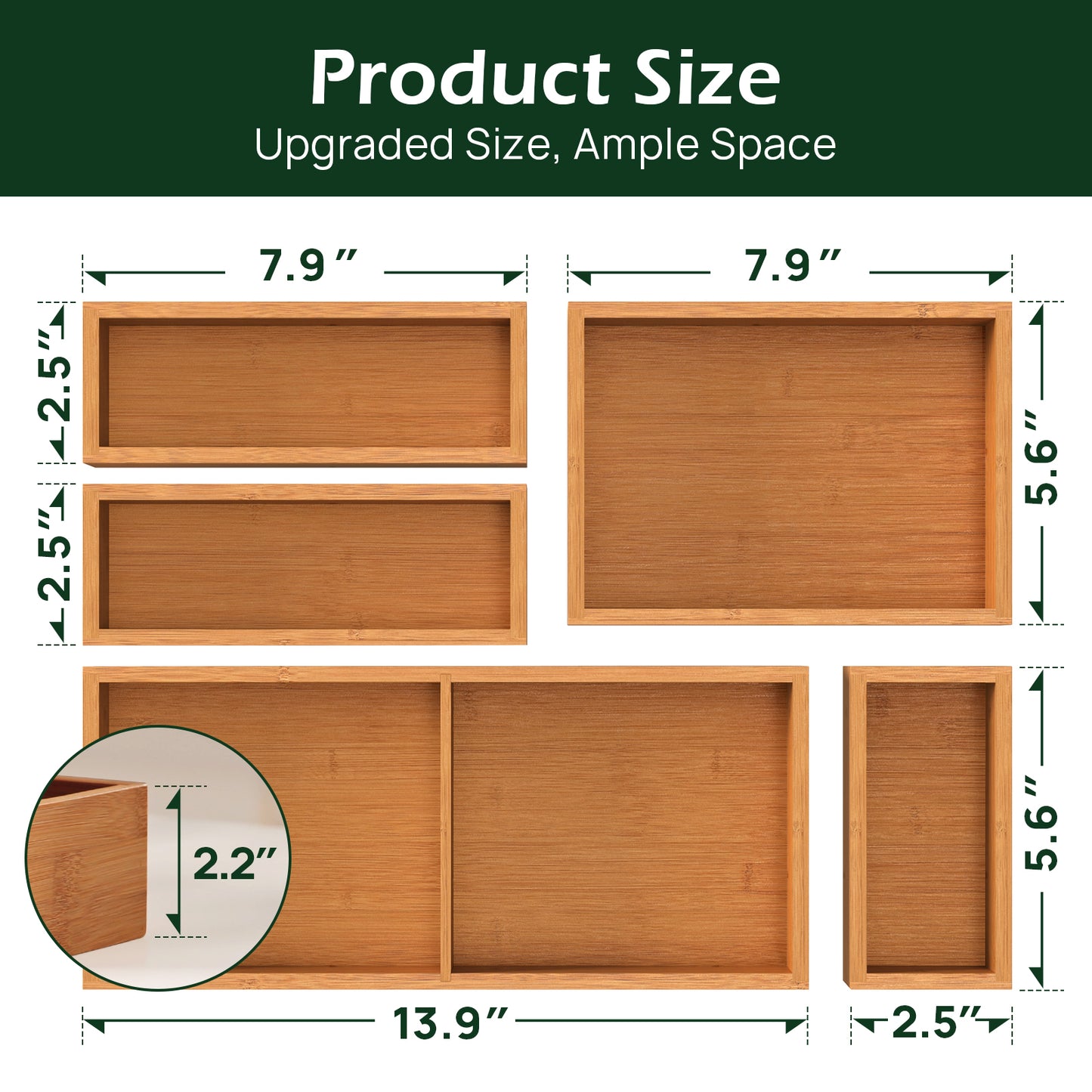 KeeCHEE® 5 pcs Bamboo Drawer Organizer Set
