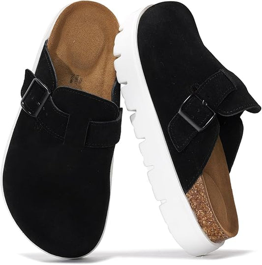 Genuine Leather Women Footwear - Memory Foam Arch Support Cork Footbed Casual Shoes & Mules