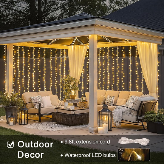 300 LED Remote Curtain Lights Outdoor, Hanging String Lights Party Christmas Patio Dorm Decor, Warm White