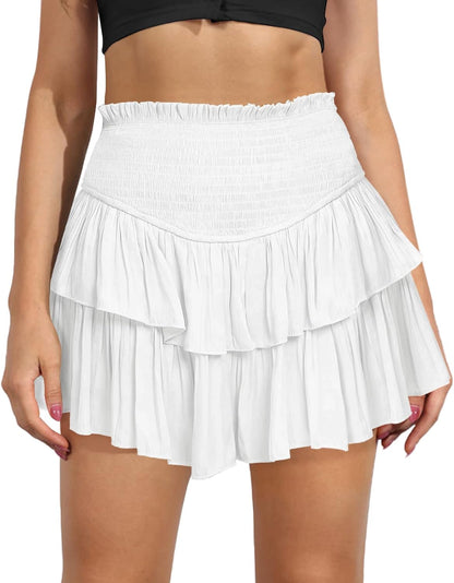 Women's Cute High Waist Ruffle Mini Skirt Swing Beach Mini Short Skirt