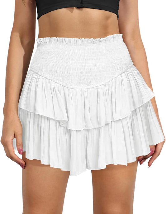 Women's Cute High Waist Ruffle Mini Skirt Swing Beach Mini Short Skirt