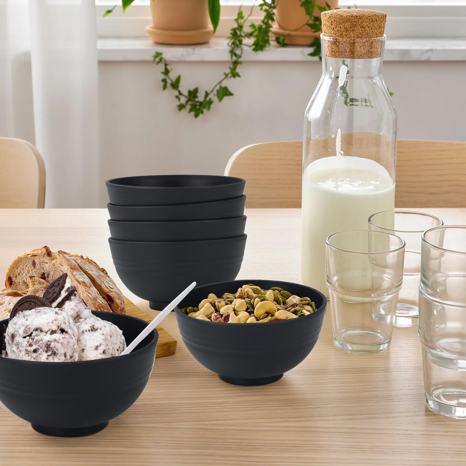 10oz set of 8 Unbreakable Dessert Bowls - Microwave & Dishwasher Safe Appetizer Bowl Sets - Black