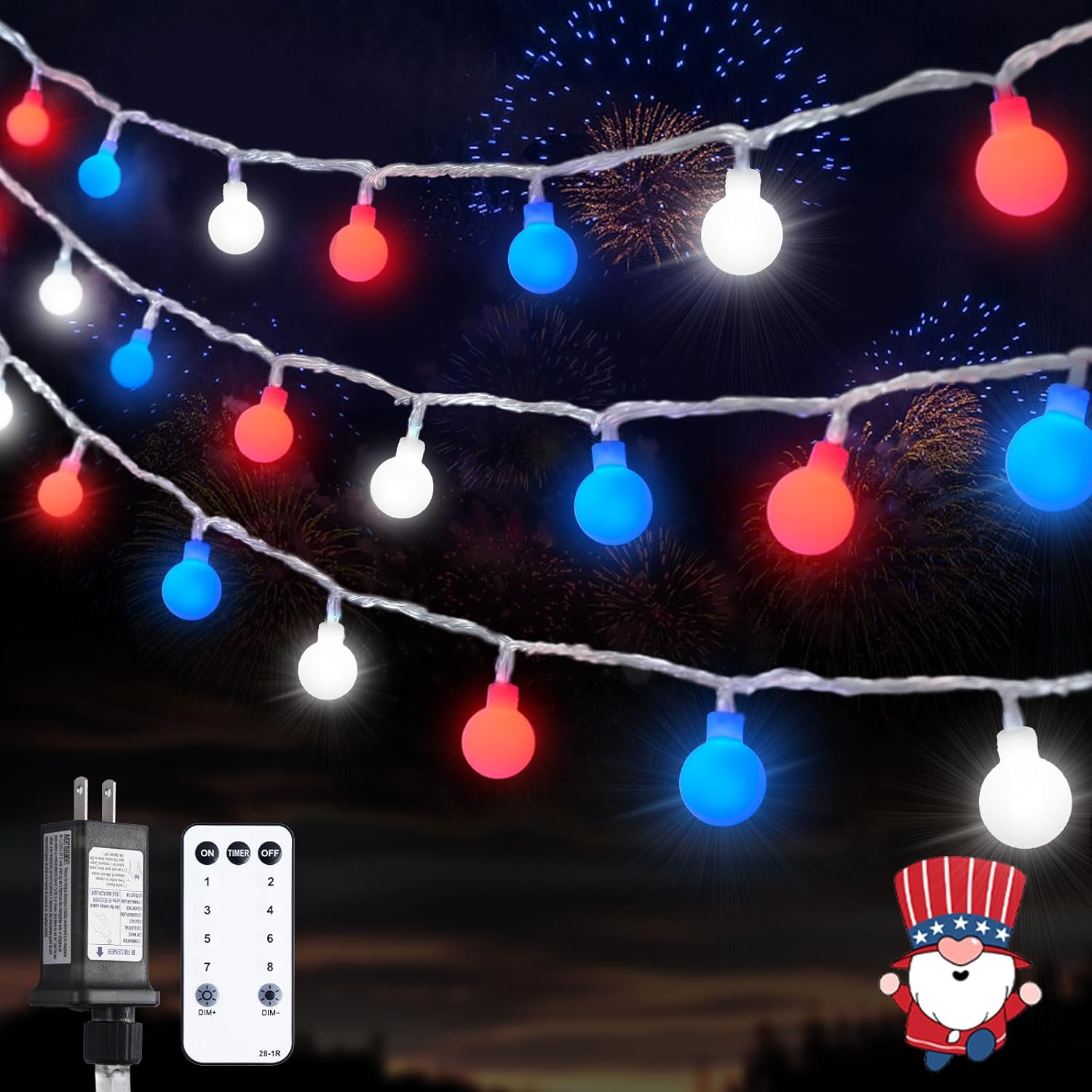 Red White and Blue Lights, 100 LED 33ft - 8 Modes Globe String Lights Party Decor