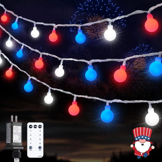 Red White and Blue Lights, 100 LED 33ft - 8 Modes Globe String Lights Party Decor