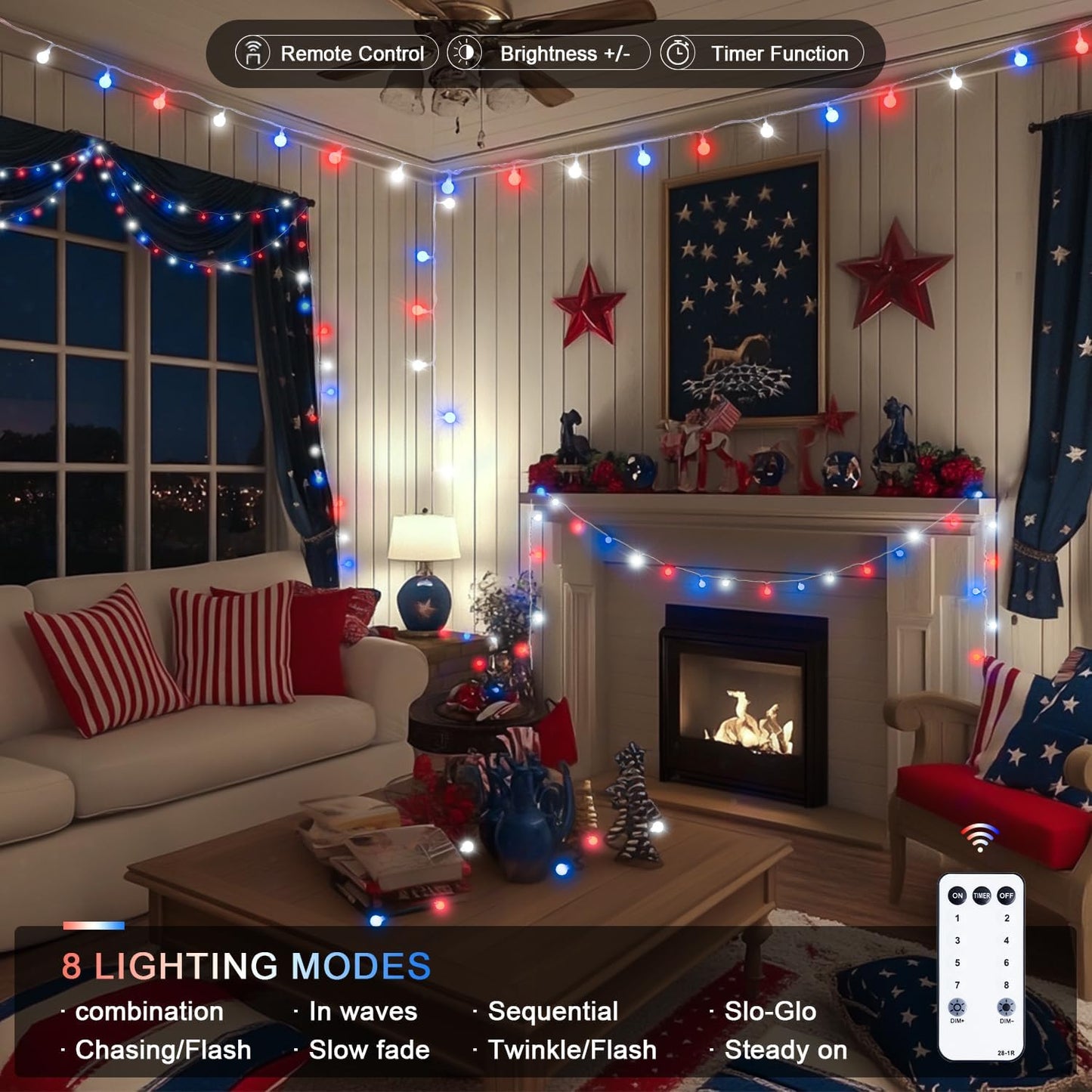 Red White and Blue Lights, 100 LED 33ft - 8 Modes Globe String Lights Party Decor