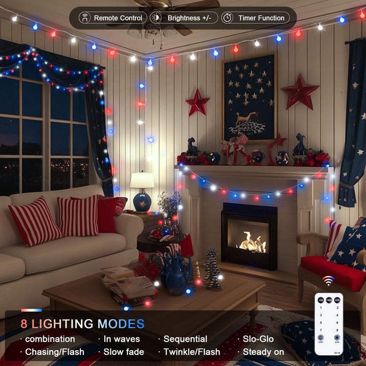Red White and Blue Lights, 100 LED 33ft - 8 Modes Globe String Lights Party Decor
