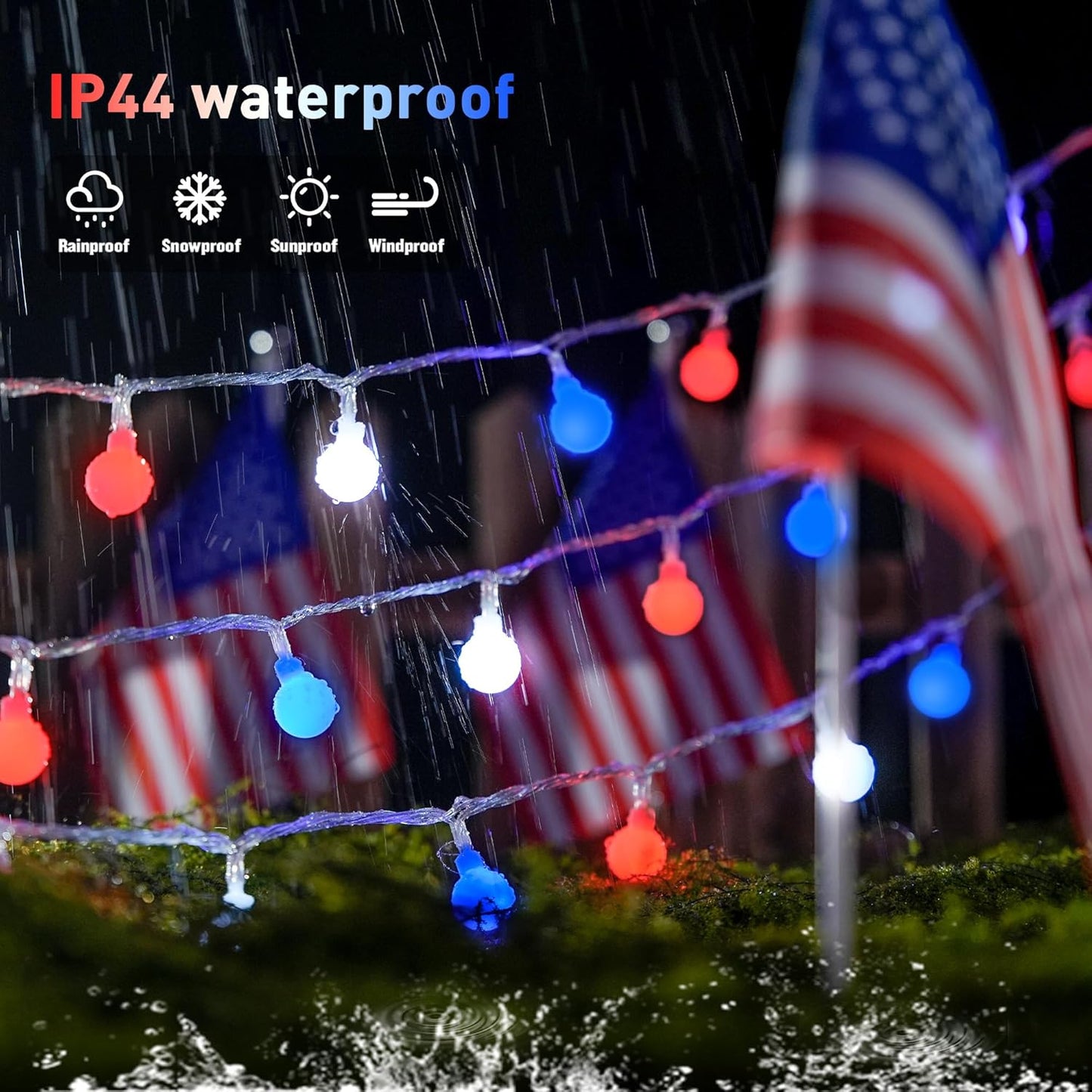 Red White and Blue Lights, 100 LED 33ft - 8 Modes Globe String Lights Party Decor