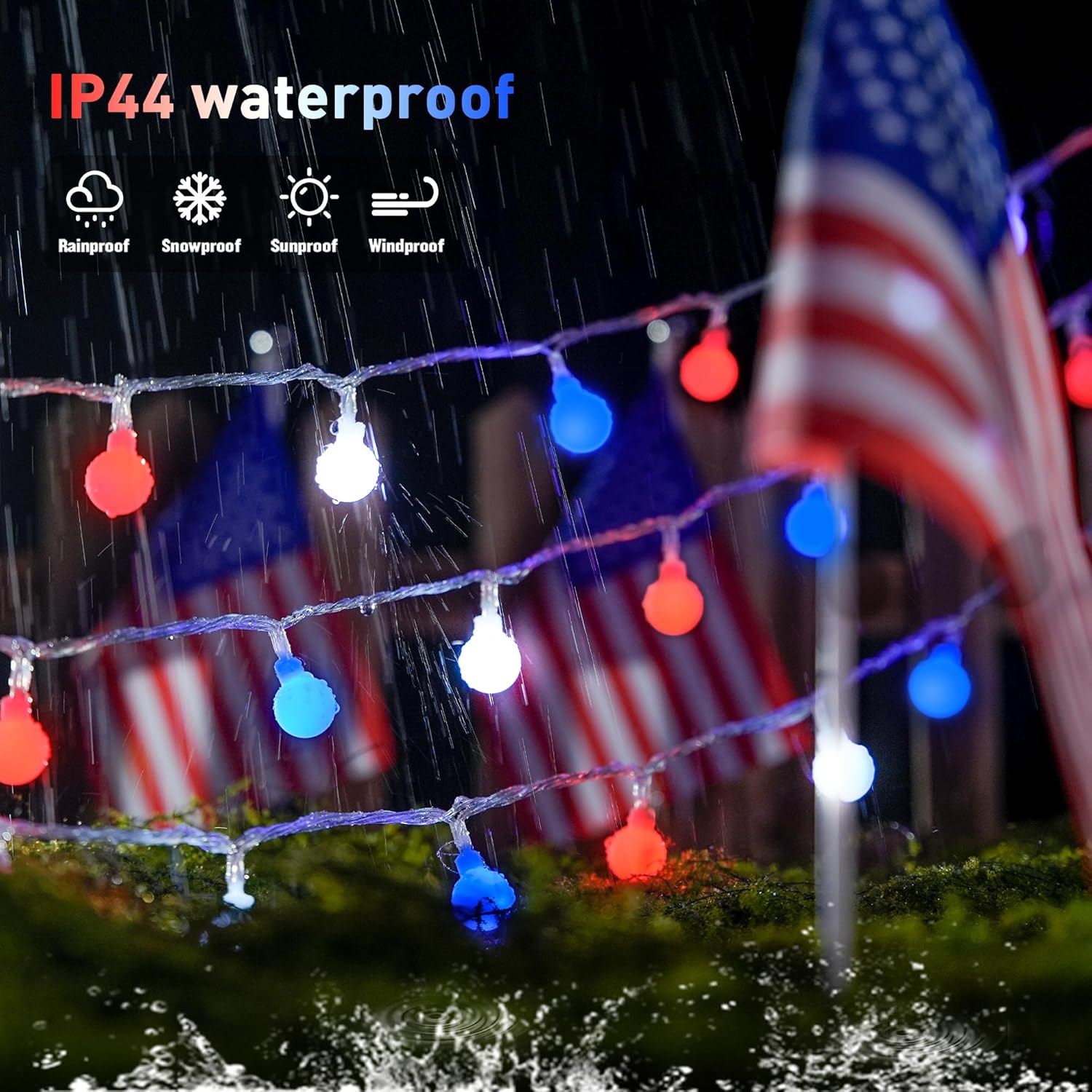 Red White and Blue Lights, 100 LED 33ft - 8 Modes Globe String Lights Party Decor