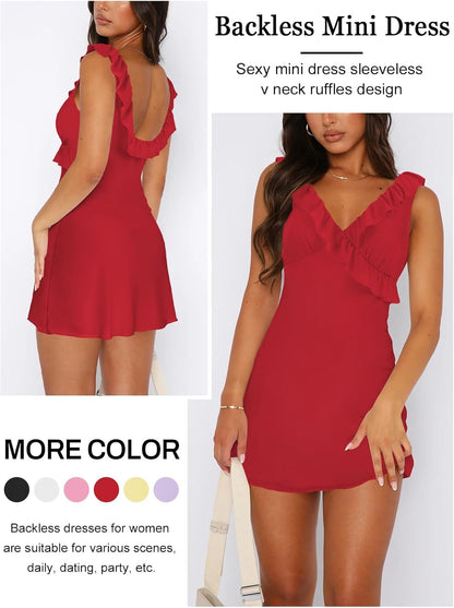 Women's Sexy V Neck Sleeveless Backless Ruffles Dress