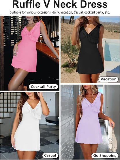 Women's Sexy V Neck Sleeveless Backless Ruffles Dress
