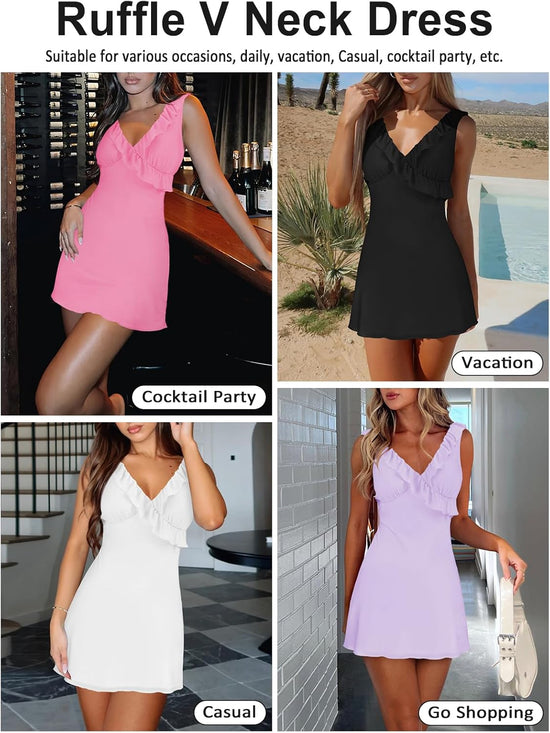 Women's Sexy V Neck Sleeveless Backless Ruffles Dress