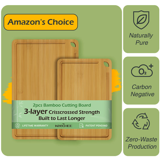 KeeCHEE®  2-Pcs Natural Bamboo Cutting Board